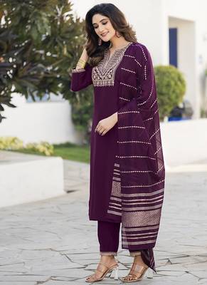 Wine embroidered chinon straight kurta set with dupatta 5