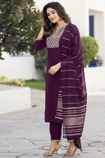 Wine embroidered chinon straight kurta set with dupatta