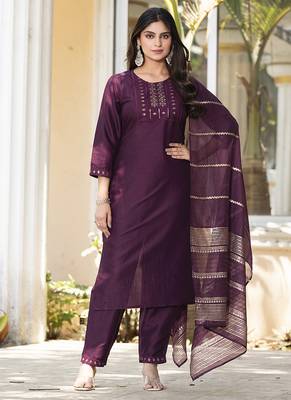 Wine embroidered silk blend straight kurta set with dupatta for women 1