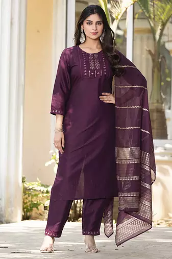 Wine embroidered silk blend straight kurta set with dupatta for women