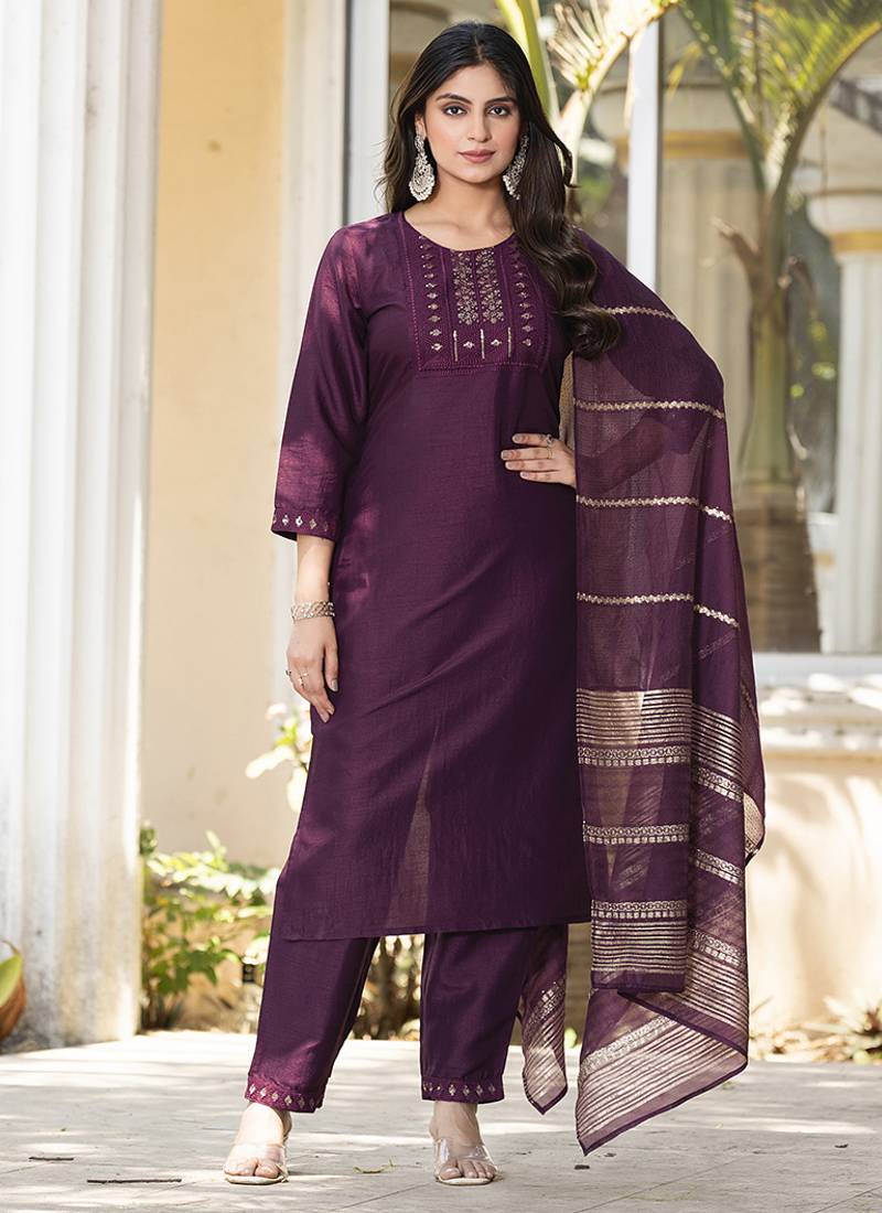 Wine embroidered silk blend straight kurta set with dupatta for women