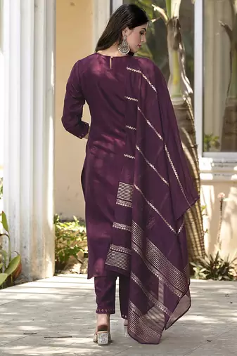 Wine embroidered silk blend straight kurta set with dupatta for women