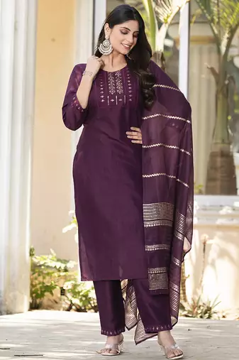 Wine embroidered silk blend straight kurta set with dupatta for women