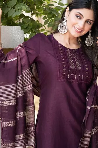 Wine embroidered silk blend straight kurta set with dupatta for women