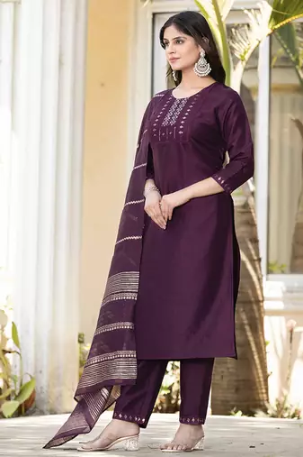 Wine embroidered silk blend straight kurta set with dupatta for women