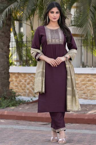 Wine embroidered silk blend straight kurta set with dupatta for women