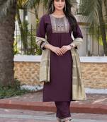 Wine embroidered silk blend straight kurta set with dupatta for women