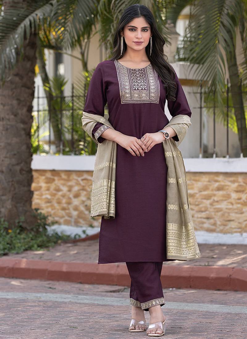 Wine embroidered silk blend straight kurta set with dupatta for women