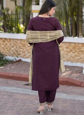 Wine embroidered silk blend straight kurta set with dupatta for women 2