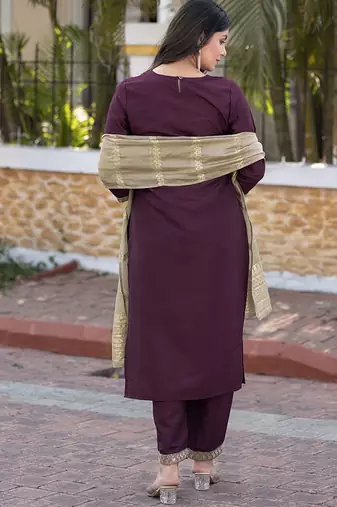 Wine embroidered silk blend straight kurta set with dupatta for women