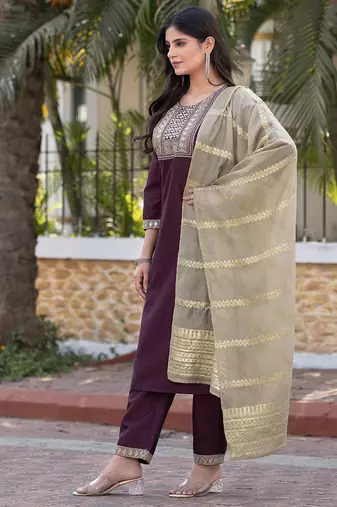 Wine embroidered silk blend straight kurta set with dupatta for women