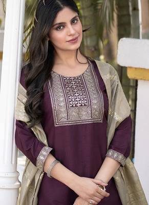 Wine embroidered silk blend straight kurta set with dupatta for women 4
