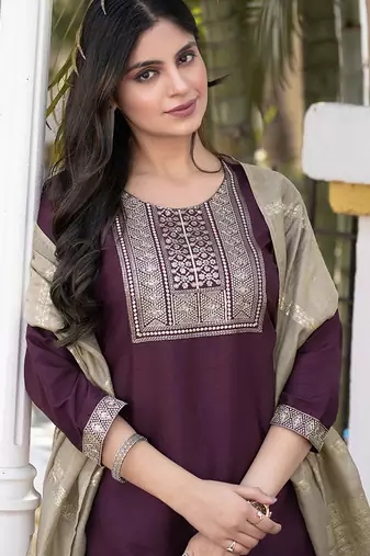 Wine embroidered silk blend straight kurta set with dupatta for women