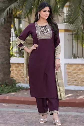 Wine embroidered silk blend straight kurta set with dupatta for women