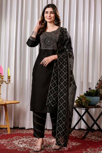 Black foil printed chinon cotton blend straight kurta set with dupatta