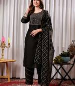 Black foil printed chinon cotton blend straight kurta set with dupatta