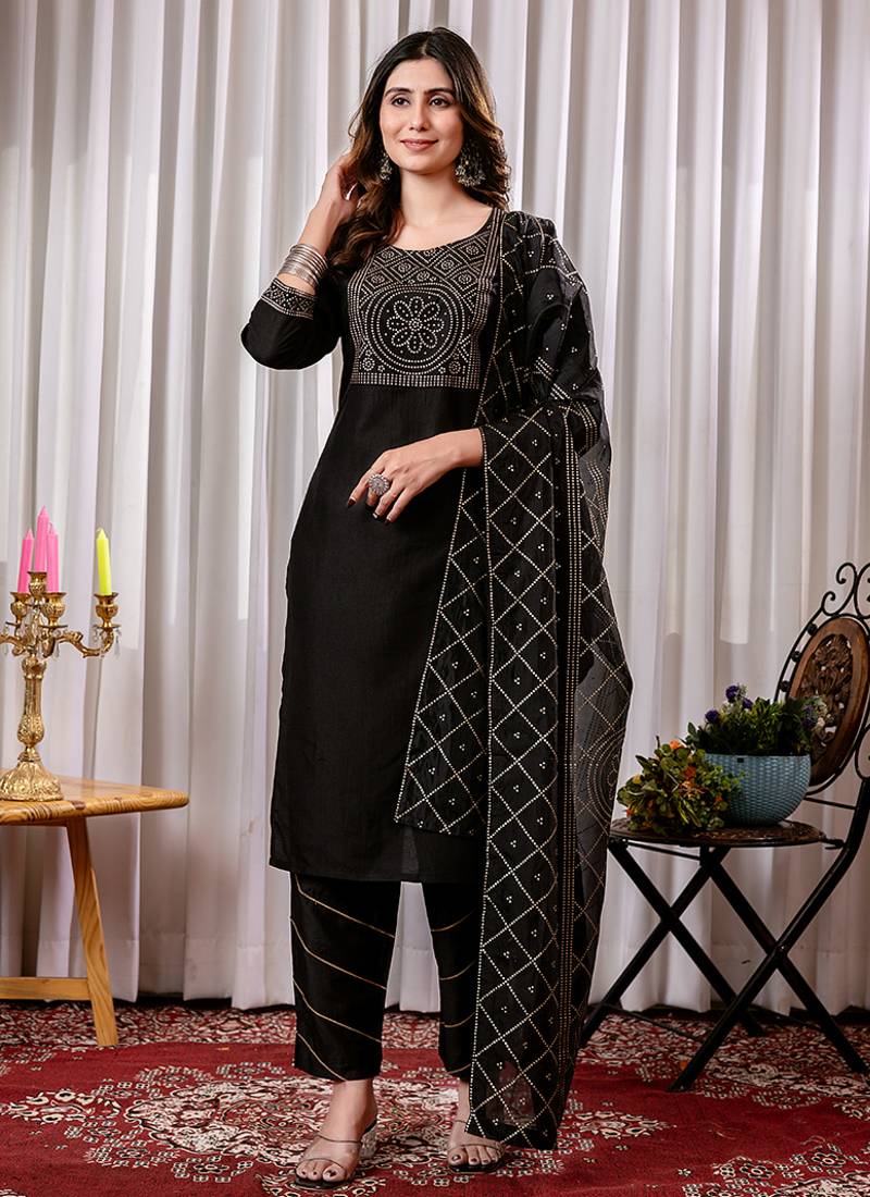 Black foil printed chinon cotton blend straight kurta set with dupatta