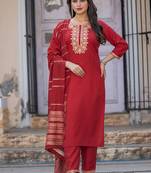 Red embroidered cotton blend straight kurta set with dupatta for women