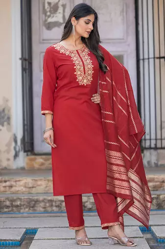 Red embroidered cotton blend straight kurta set with dupatta for women