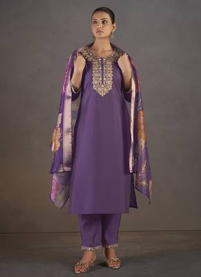 Purple embroidered with sequined work roman silk straight kurta set for women 1