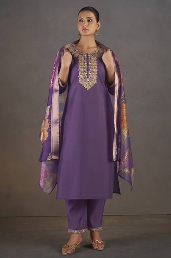 Purple embroidered with sequined work roman silk straight kurta set for women