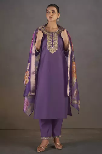 Purple embroidered with sequined work roman silk straight kurta set for women