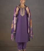 Purple embroidered with sequined work roman silk straight kurta set for women