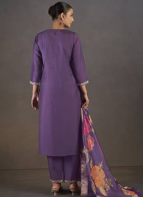 Purple embroidered with sequined work roman silk straight kurta set for women 2