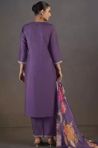 Purple embroidered with sequined work roman silk straight kurta set for women
