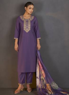 Purple embroidered with sequined work roman silk straight kurta set for women 3