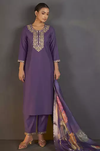 Purple embroidered with sequined work roman silk straight kurta set for women