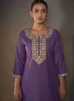 Purple embroidered with sequined work roman silk straight kurta set for women 4