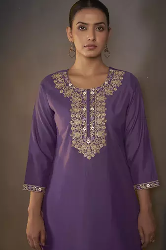 Purple embroidered with sequined work roman silk straight kurta set for women