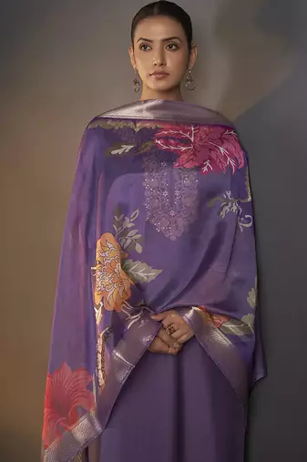 Purple embroidered with sequined work roman silk straight kurta set for women