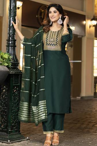 Bottle green embroidered chinnon straight kurta set with dupatta