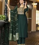 Bottle green embroidered chinnon straight kurta set with dupatta