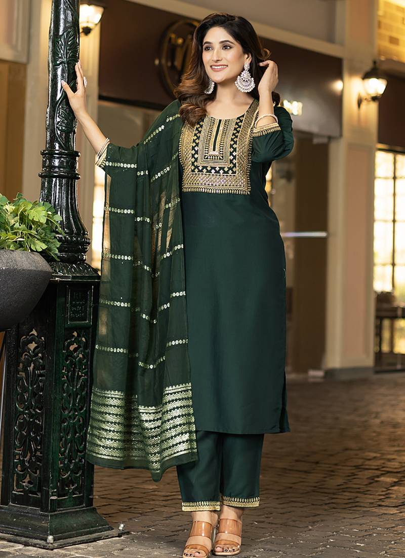 Bottle green embroidered chinnon straight kurta set with dupatta