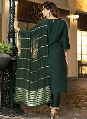 Bottle green embroidered chinnon straight kurta set with dupatta 2