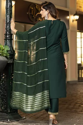 Bottle green embroidered chinnon straight kurta set with dupatta