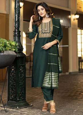 Bottle green embroidered chinnon straight kurta set with dupatta 3