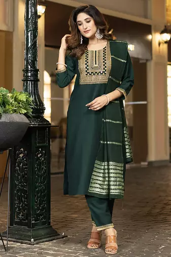 Bottle green embroidered chinnon straight kurta set with dupatta