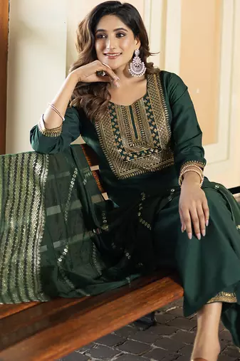 Bottle green embroidered chinnon straight kurta set with dupatta
