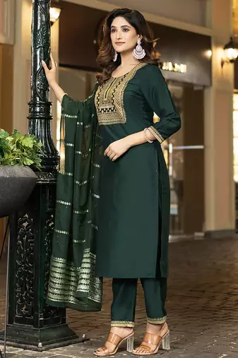 Bottle green embroidered chinnon straight kurta set with dupatta