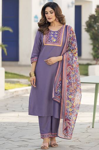 Lavender printed chinon straight kurta set with dupatta