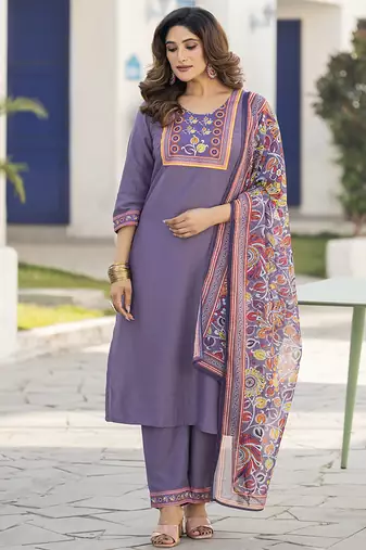 Lavender printed chinon straight kurta set with dupatta