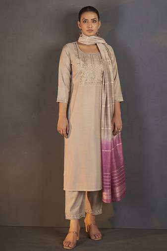 Cream embroidered with sequined work roman silk straight kurta set with dupatta for women