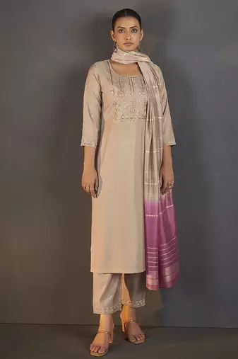 Cream embroidered with sequined work roman silk straight kurta set with dupatta for women