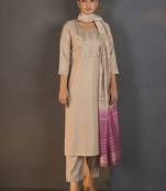 Cream embroidered with sequined work roman silk straight kurta set with dupatta for women