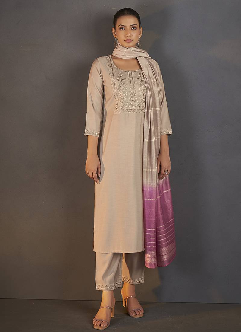 Cream embroidered with sequined work roman silk straight kurta set with dupatta for women