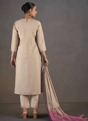 Cream embroidered with sequined work roman silk straight kurta set with dupatta for women 2